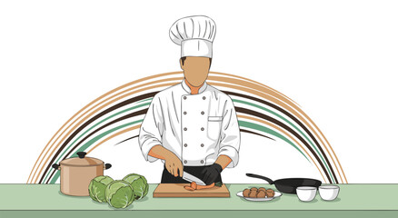 Professional Chef Cooking in Kitchen Illustration Vector Design for Culinary Concepts and Gastronomy Business Branding Materials b © Purnomo Semlirick