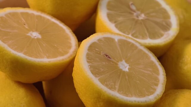 Close-up display of halved fresh yellow lemons