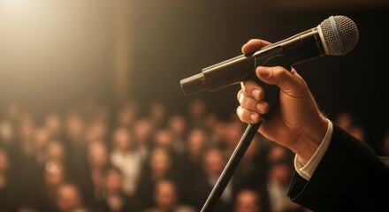 Fototapeta premium Hand holding microphone on stage addressing blurred audience, conveying message with warm lighting and soft focus