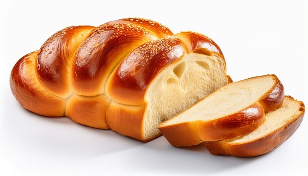 golden brown braided challah bread sliced and isolated on white background