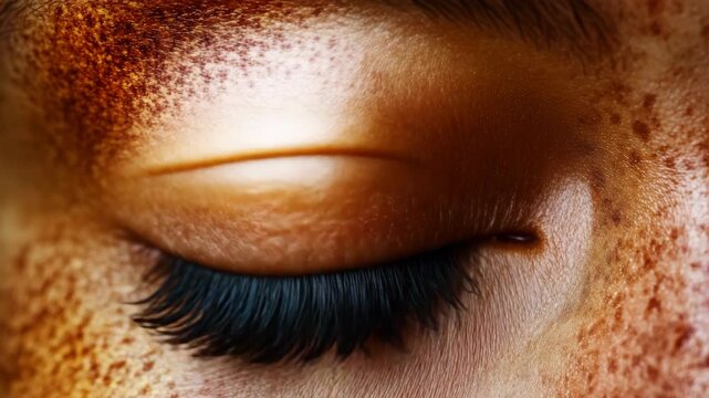 Close-up of human eye with long eyelashes and noticeable makeup. High detail reveals texture of skin and individual lashes.
