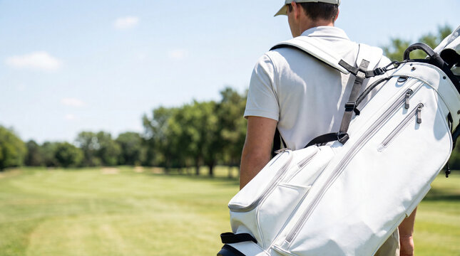 Man carrying golf bag on shoulder, walking on golf course