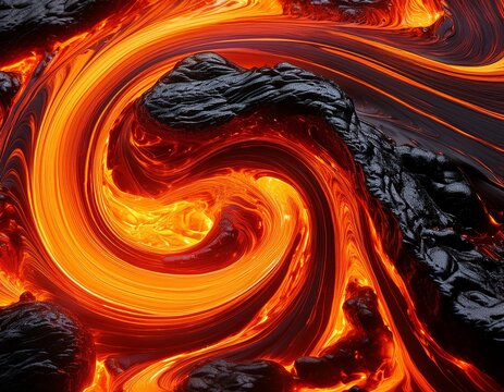 molten lava and black obsidian liquid swirl in intense heat creating volcanic magma flow background