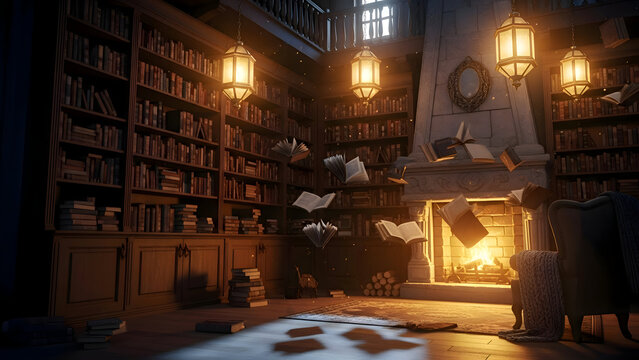 Cozy library with books flying around a crackling fireplace in a warm dimly lit room with bookshelves and lanterns