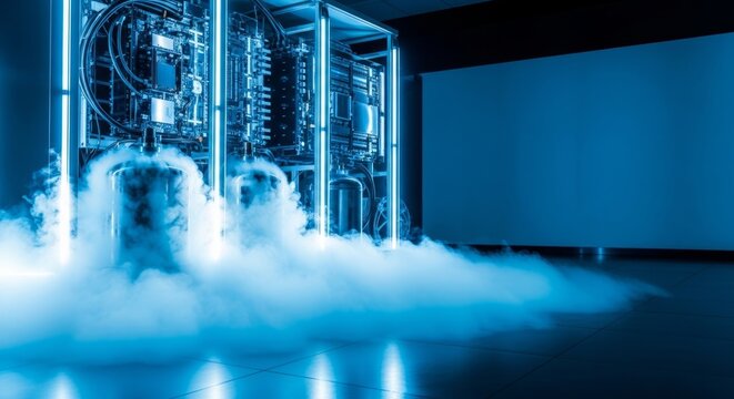 Futuristic supercomputer with liquid nitrogen cooling and dramatic blue steam in a sleek data center, representing advanced technology and innovation.