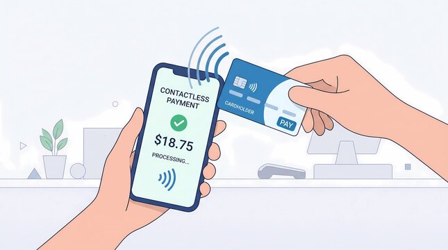Customer uses smartphone for contactless payment with credit card at point of sale terminal