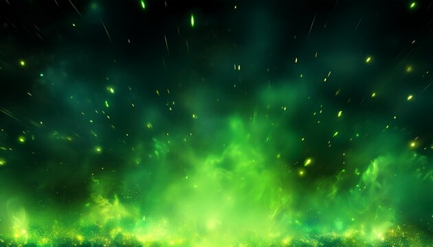 bright green glowing fire particles embers with smoky fog overlay