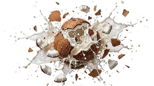Exploding coconut with milk splash, fresh tropical fruit breaking into pieces, white coconut milk liquid spray on white background