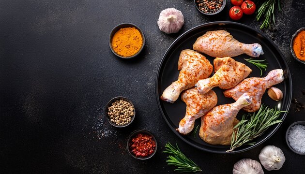 raw chicken marinated top view copy space raw kebab in spices spiced chicken thighs and wings