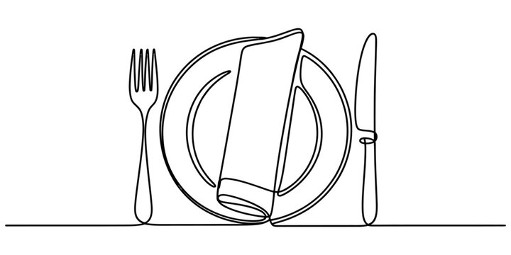 Continuous single line drawing of dinner plate with fork knife and napkin for restaurant table setting design element for dining menu or food cafe logo Vector, illustration