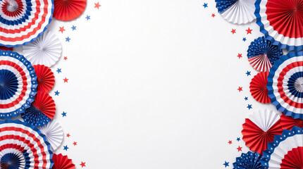 American Patriotic Decorations Red White Blue Stars and Stripes Paper Fans Background with copy space