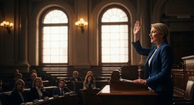 Politician raising hand in parliament session, delivering speech with conviction, inspiring leadership and dedication