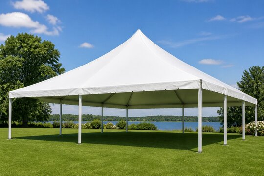 Event tent set up on green lawn near lake under clear blue sky