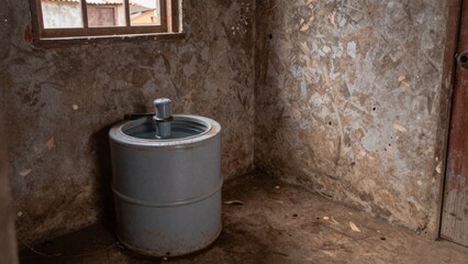 Fototapeta premium Old dilapidated room peeling paint walls covered dirt grime there small window left side center metal barrel f