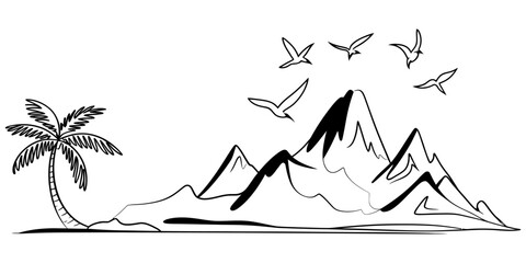 Black and white ink sketch of a tropical island with a palm tree and high mountain peaks with birds flying in the sky above a calm ocean summer landscape Vector, illustration © Design bundle Press