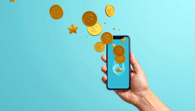 スマートフォンを持つ手から金貨があふれるキャッシュレスとポイントのイメージ