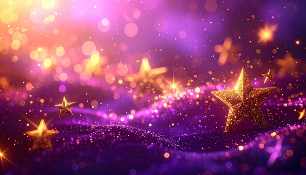 紫の光と金色の星がきらめくボケの幻想的でゴージャスな背景イメージ
