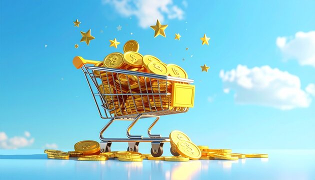 青い背景に金貨を積んだショッピングカートと星の明るい3DCGイメージ