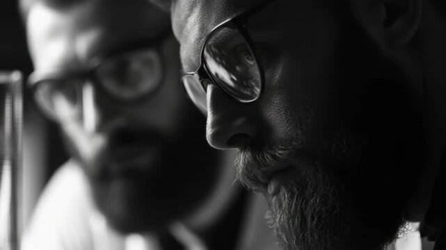 A close-up of two bearded men wearing glasses looking attentively at an object out of frame. They appear to be engaged and interested in what they're seeing.