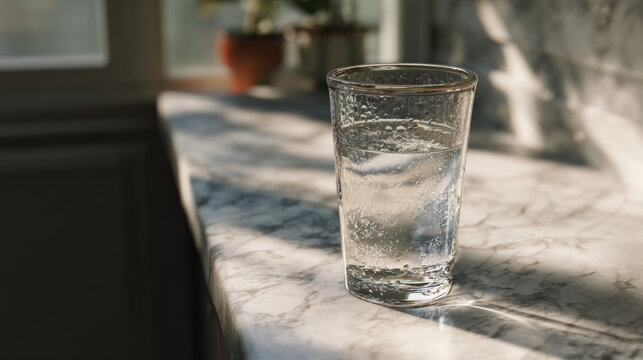 A glass tumbler half-filled with water on a marble kitchen counter, subtle condensation on the glass, soft natural light from a nearby window, realistic reflections and shadows