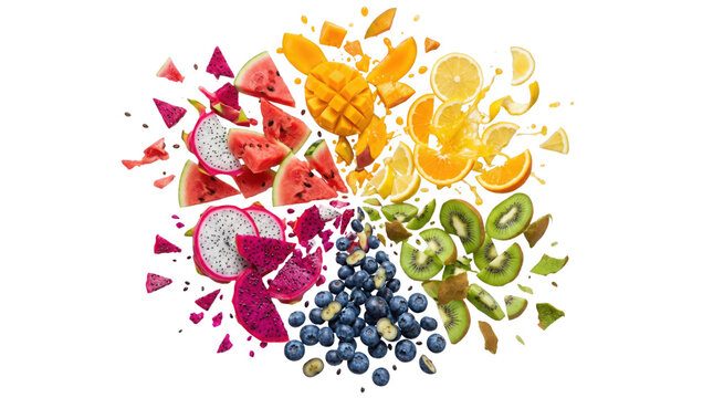 Exploding tropical fruit rainbow on white background, flying slices of dragon fruit, mango, kiwi and orange, dynamic splash of fresh organic berries