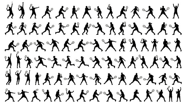 Black and White Tennis Player Silhouettes Collection Flat Vector Sports Action Set