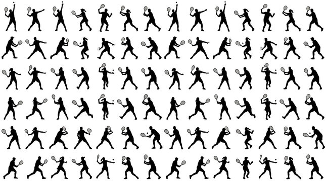 Black and White Tennis Player Silhouettes Collection Flat Vector Sports Action Set