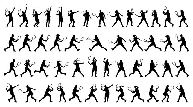 Black and White Tennis Player Silhouettes Collection Flat Vector Sports Action Set