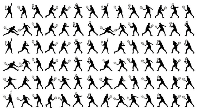 Black and White Tennis Player Silhouettes Collection Flat Vector Sports Action Set