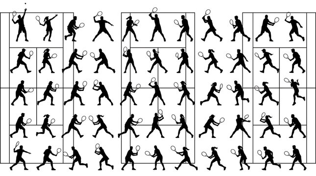 Black and White Tennis Player Silhouettes Collection Flat Vector Sports Action Set