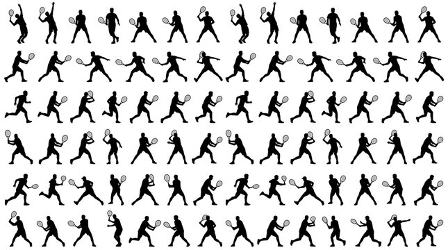 Black and White Tennis Player Silhouettes Collection Flat Vector Sports Action Set