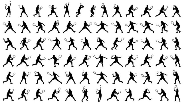 Black and White Tennis Player Silhouettes Collection Flat Vector Sports Action Set