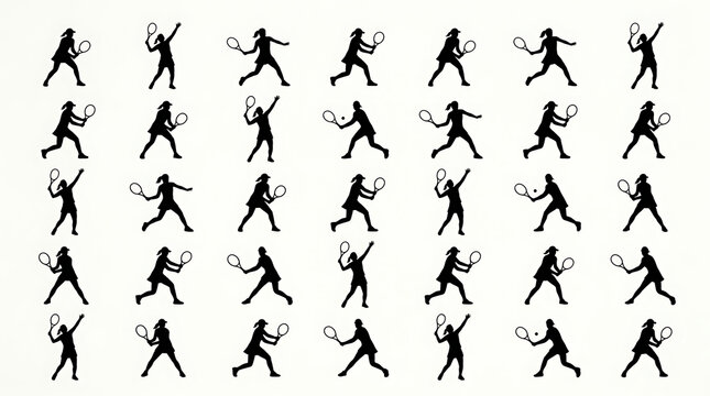 Black and White Tennis Player Silhouettes Collection Flat Vector Sports Action Set