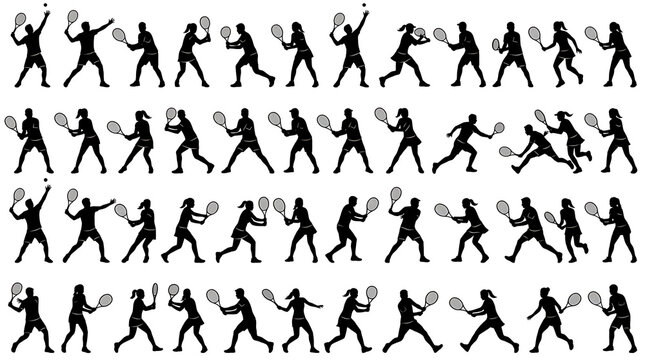 Black and White Tennis Player Silhouettes Collection Flat Vector Sports Action Set