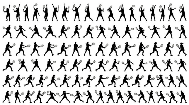 Black and White Tennis Player Silhouettes Collection Flat Vector Sports Action Set