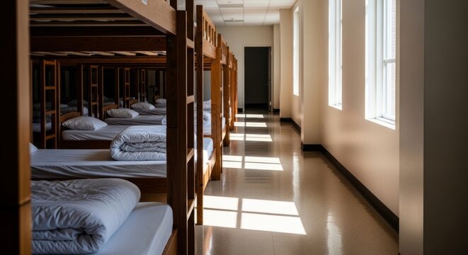 Empty wooden bunk beds in a neat dormitory hallway with soft natural light and shadows, ideal for student housing or educational interiors