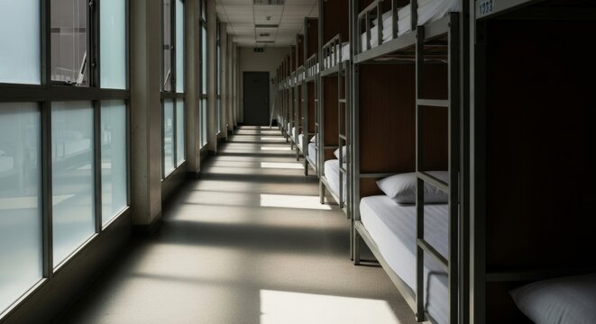 Empty dormitory corridor with bunk beds and bright sunlight creating long shadows, perfect for student life or accommodation themes