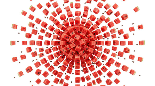 Watermelon cubes exploding in circular pattern, fresh red fruit pieces on white background, geometric watermelon splash for food marketing