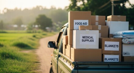 Humanitarian aid boxes labeled Food Aid, Medical Supplies, and Blankets loaded into a truck for delivery in a rural setting.
