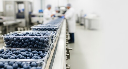 Fototapeta premium Fresh blueberries packed in clear containers moving on a conveyor belt in a food production facility with workers in the background.