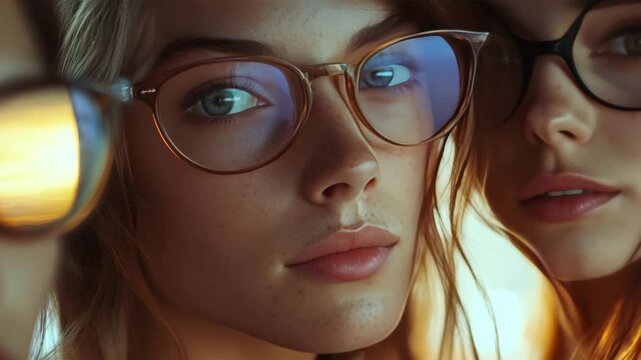Stylish young woman wearing glasses posing in portrait orientation against blurred background