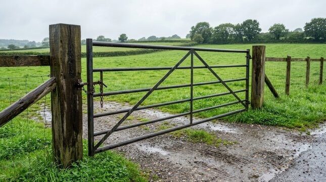Metal farm gate opening to a green field. Countryside entrance with wooden fence posts. Livestock barrier for rural pasture land. Agricultural landscape scene in rainy weather.