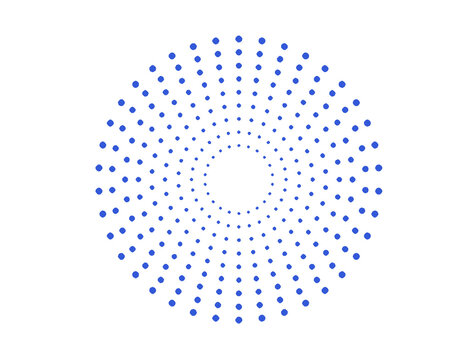 Abstract radial dotted spiral pattern with geometric circular design. Modern blue halftone vortex element for technology, branding, and decorative backgrounds. Minimal dynamic dot composition isolated