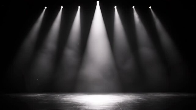 Dramatic stage spotlights illuminating a dark, empty performance space with atmospheric haze
