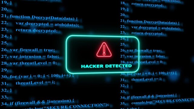 Hacker detected warning alert on digital code background, cyber security breach concept