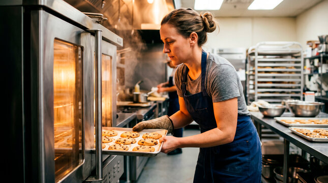 Baker removes tray of freshly baked chocolate chip cookies from industrial oven