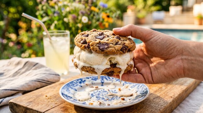 Hand holding a melting chocolate chip cookie ice cream sandwich with a drink by the pool