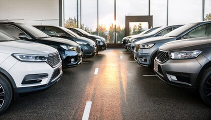 Fototapeta premium new suvs in the parking lot of the dealership sale of new cars in a car dealership copy space