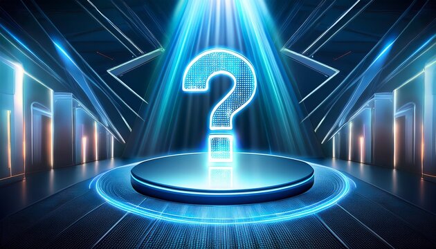 futuristic game show stage with illuminated question mark display