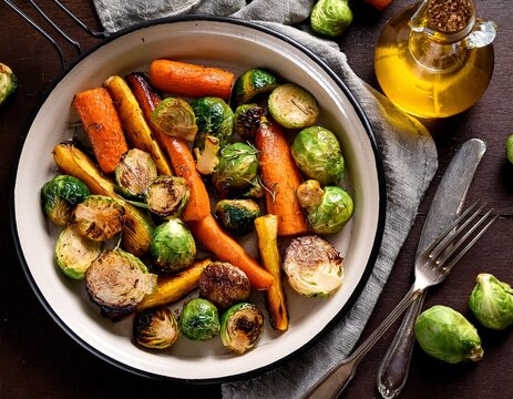 sheet pan roasted root vegetables and brussels sprouts